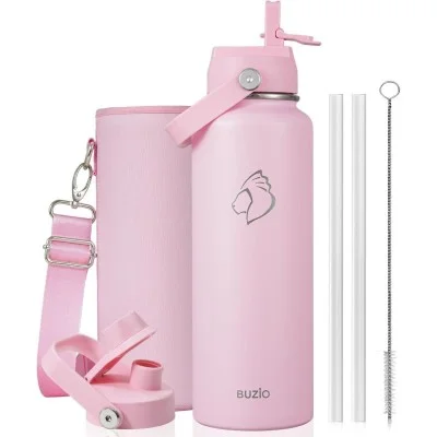 Buzio Duet Series Water Bottle with 2 Lids and Sleeve 1.2L - Pink